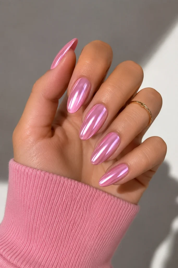 Pink chrome almond nails with glossy metallic glamorous finish