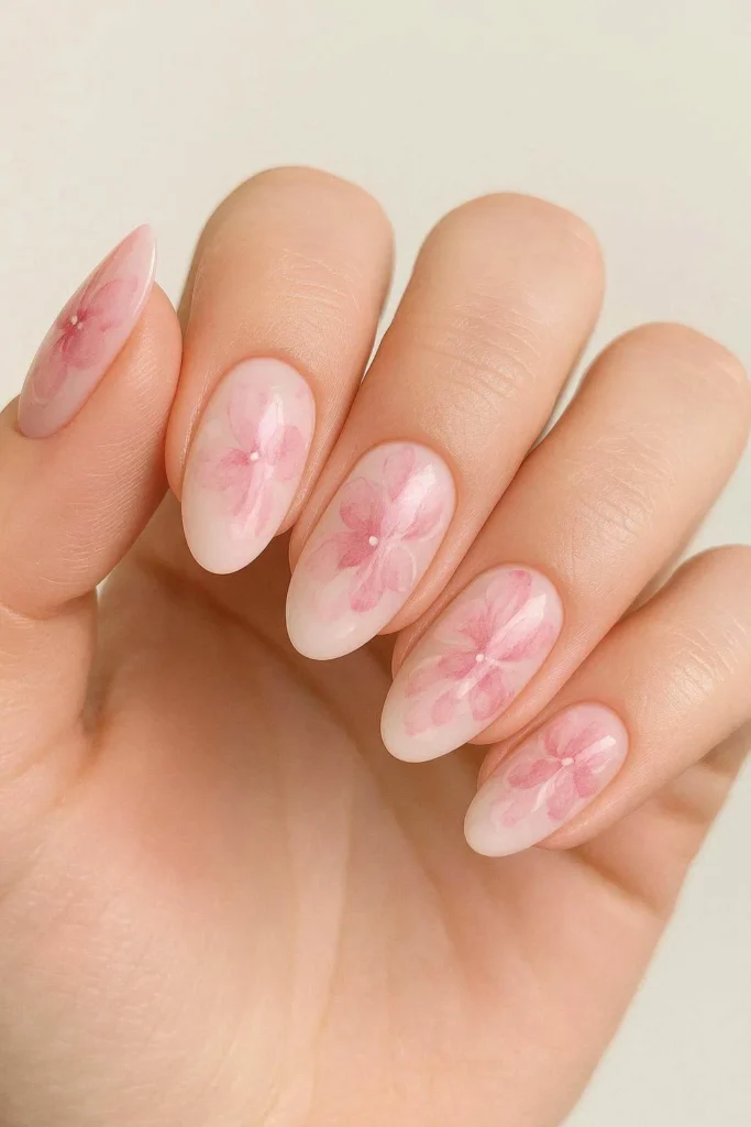 Pink floral nails with soft watercolor petal designs 
