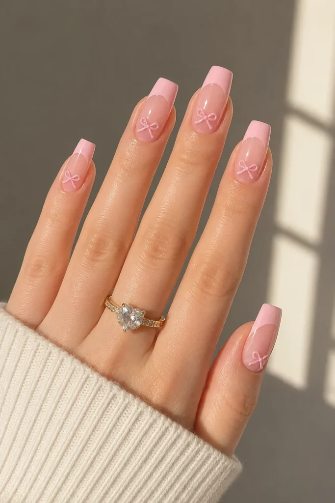 Pink French tip nails with tiny coquette bow accents 