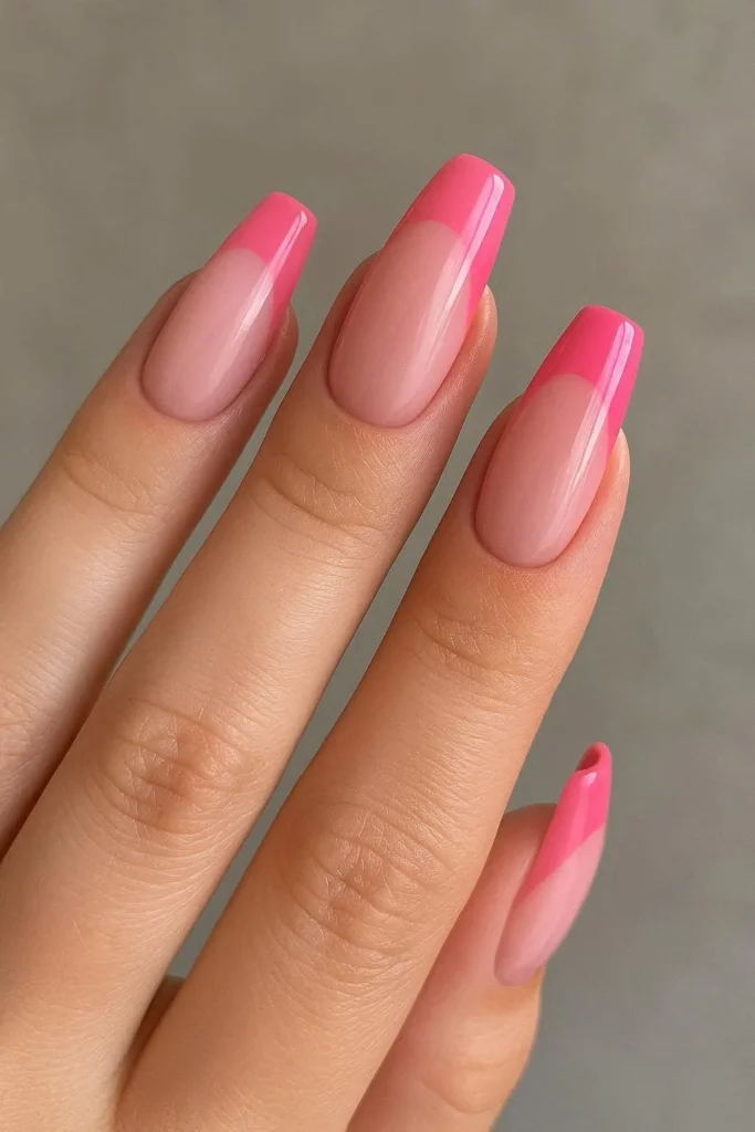  Pink french tip acrylic nails with rose-on-pink glossy design