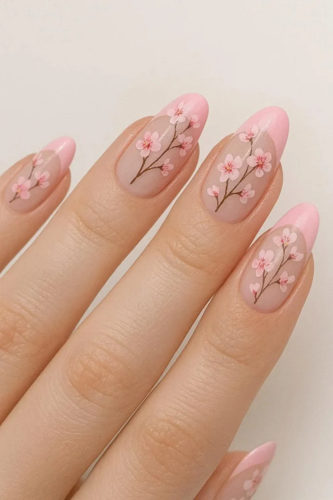 Pink French tips with delicate cherry blossom nail art