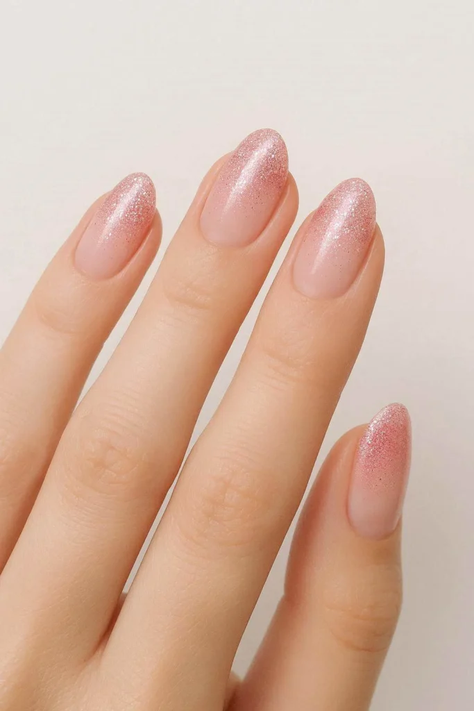 Pink glitter fade nails blending into a natural base