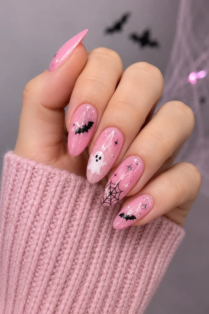 Soft pink Halloween nails with tiny ghost and bat details