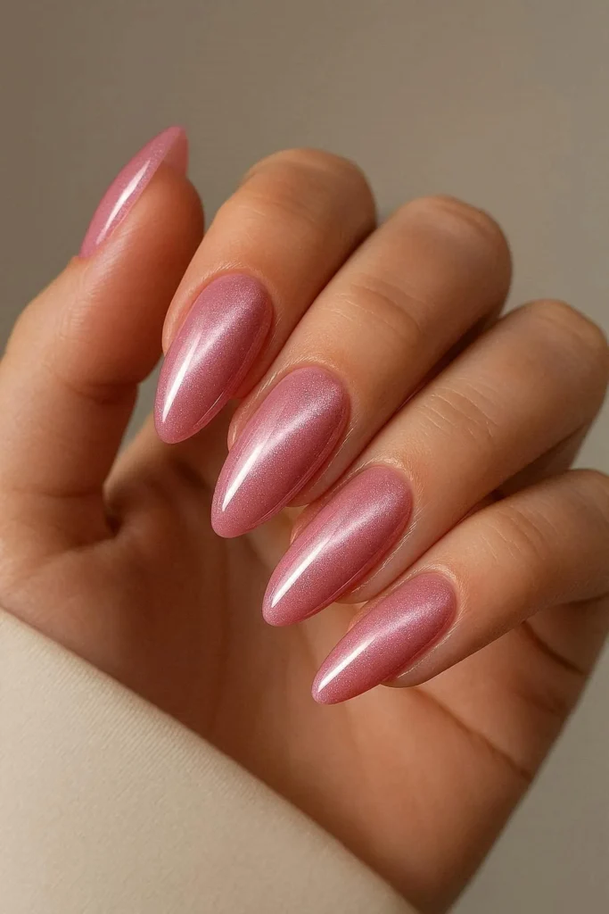 Pink magnetic cat eye nails with rosy silver shimmer on almond shape