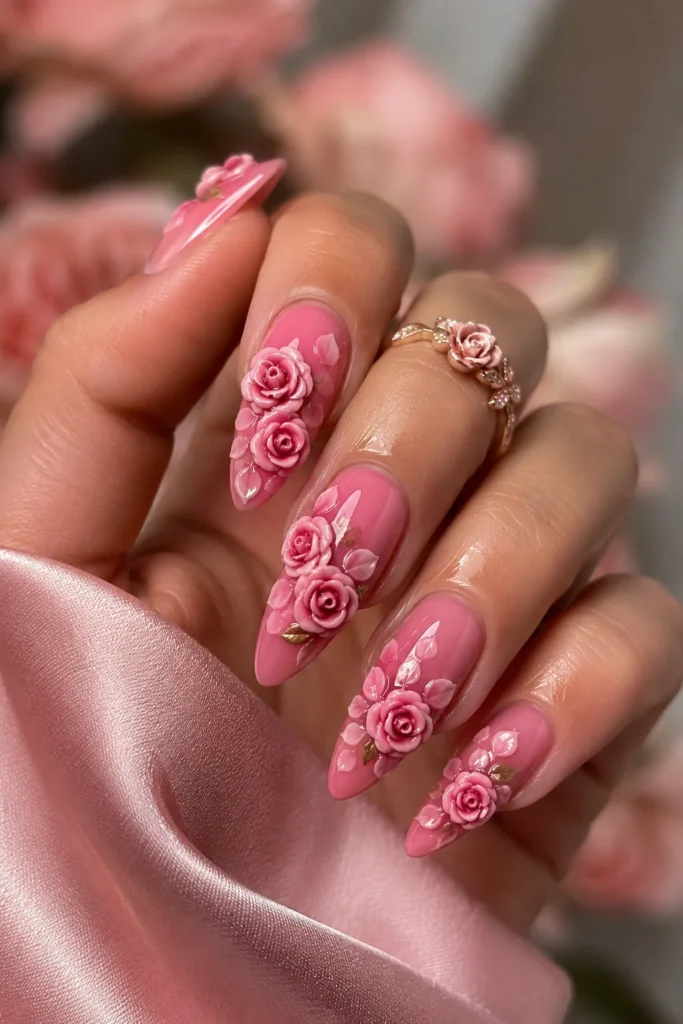 Pink rose petal 3D nails with glossy almond shape floral design