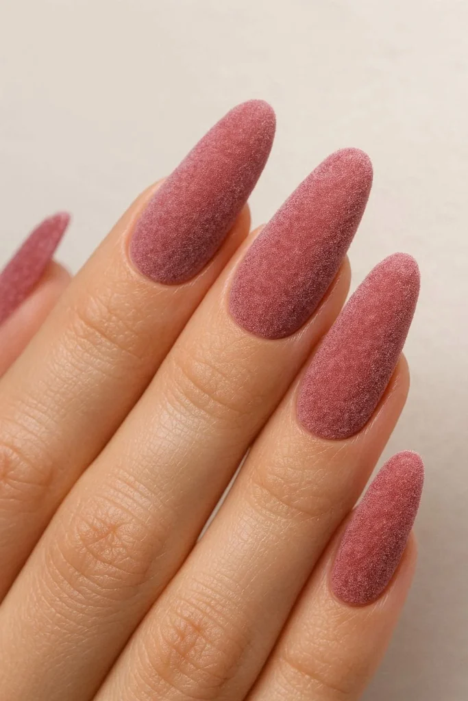 Pink velvet acrylic nails with rich flocked texture and depth finish