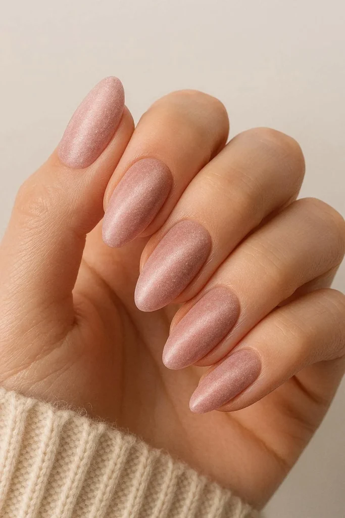 Magnetic velvet effect blush pink nails for winter elegance