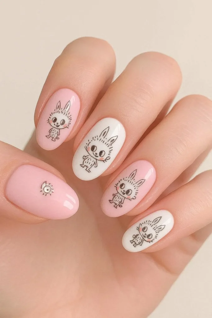 Pink and white Labubu nails with soft feminine illustrations