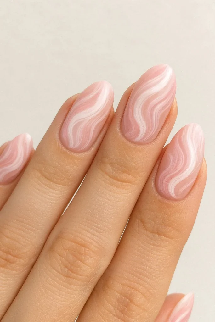 Soft pink and white swirl nails inspired by winter frost