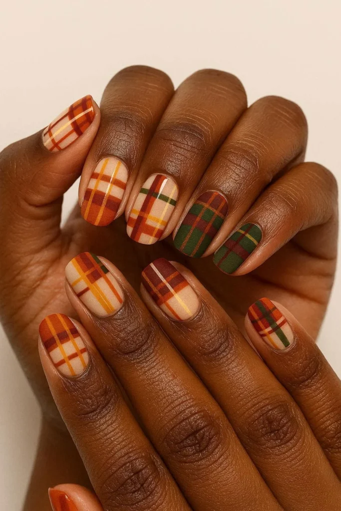 Plaid fall nail art autumn tones cozy seasonal design 