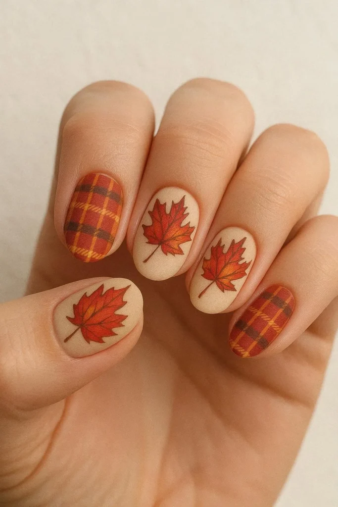 Plaid pattern nails with fall maple leaf accents