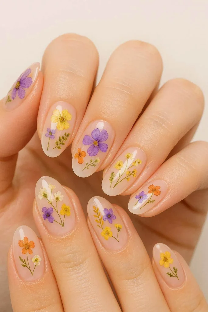 Pressed flower nails with dried botanical designs under gel 