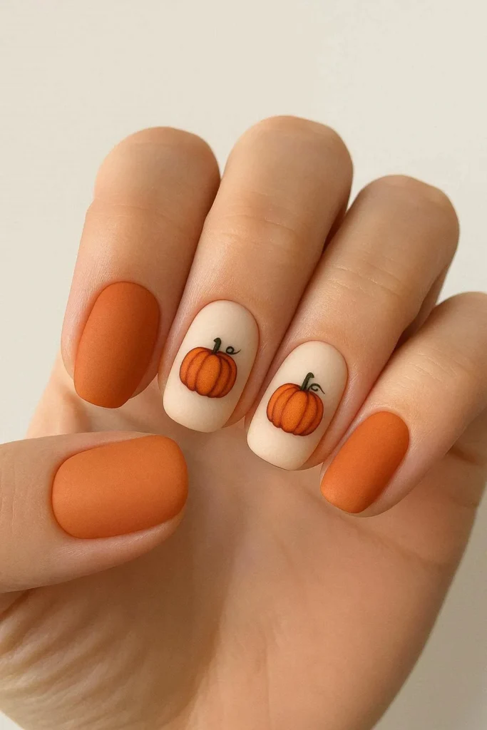 Cute pumpkin artwork accent nail paired with matte orange polish