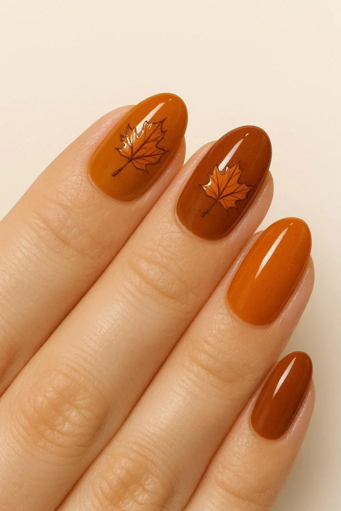 Pumpkin spice amber orange maple leaf nail design