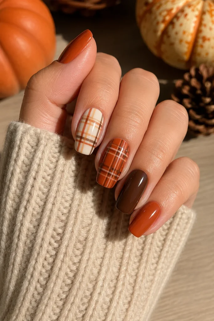Pumpkin spice orange plaid nails for fall season