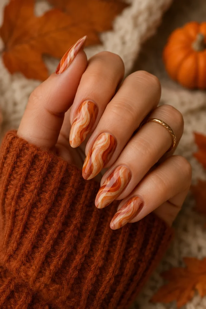 Pumpkin spice swirl nails orange cinnamon autumn design