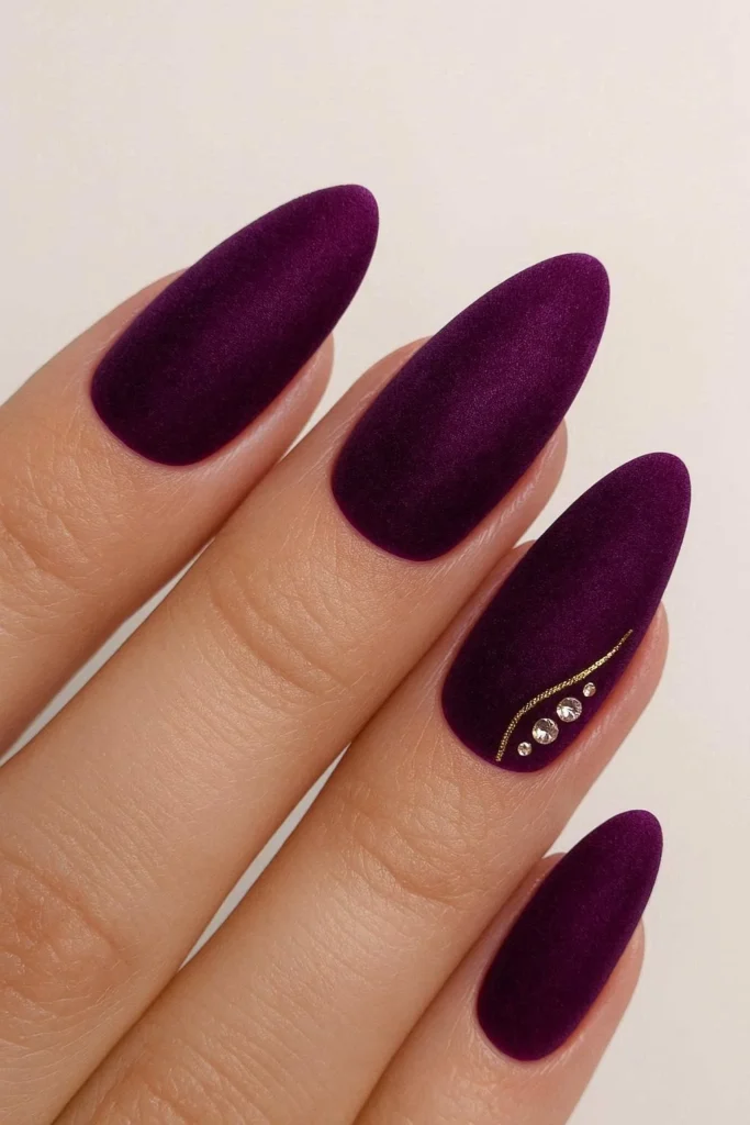Deep purple velvet nails inspired by Bruno Mars stage outfits
