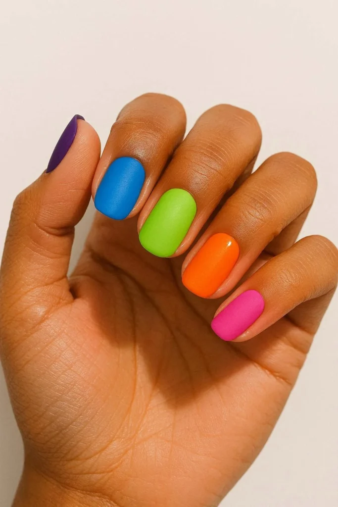 Rainbow funk nails multiple vivid colors Bruno Mars inspired