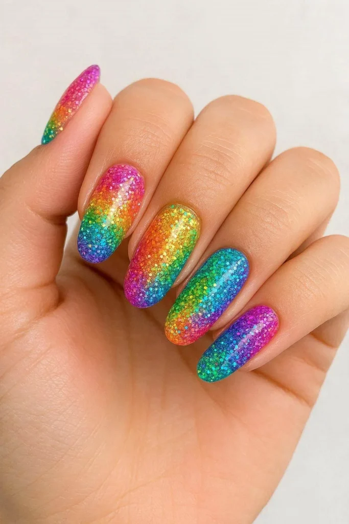 Rainbow glitter ombre nails with colorful multi-glitter gradient