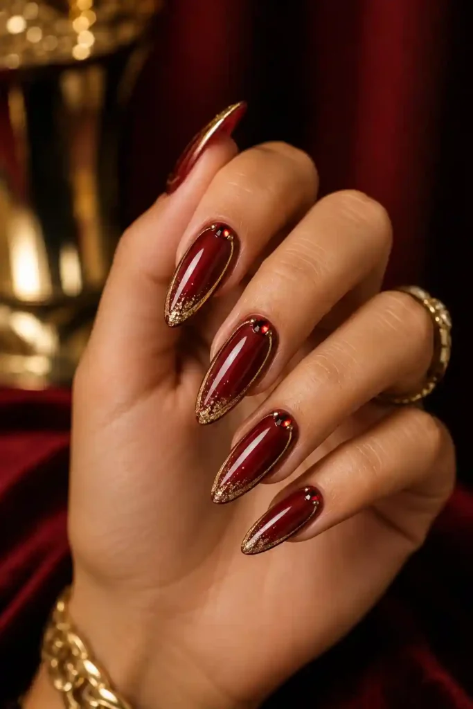 Red carpet luxe nails deep red with gold foil accents
