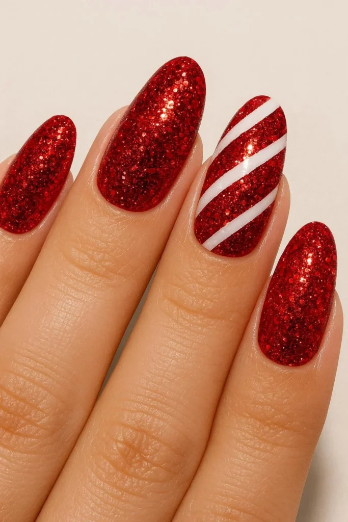 Bold red glitter nails with candy cane stripe pattern