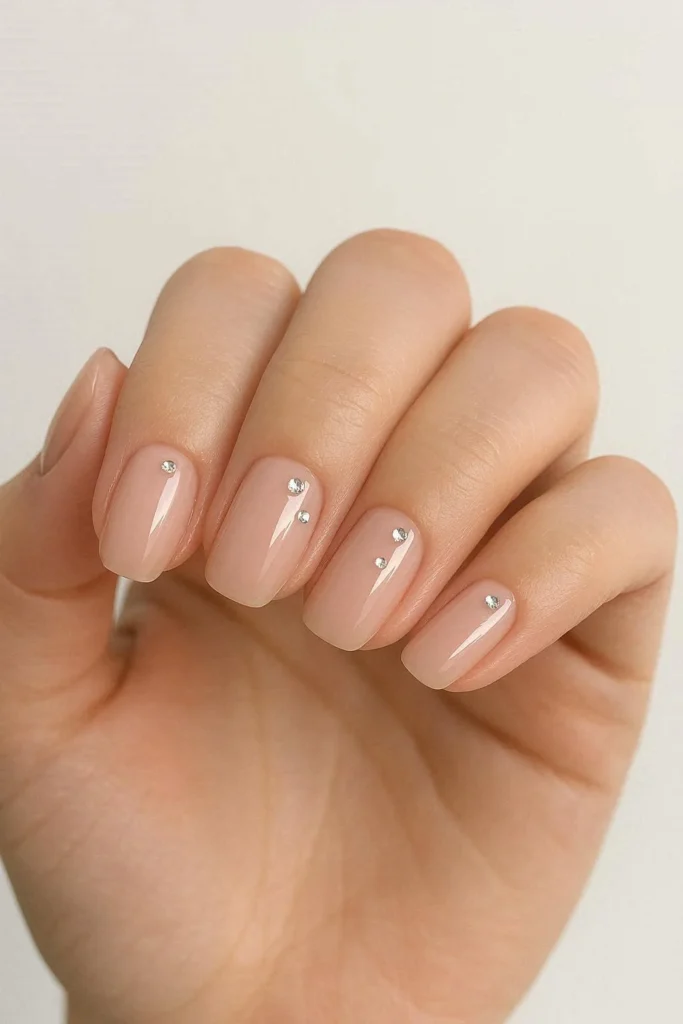 Blush pink nails with rhinestone crystal accents for winter