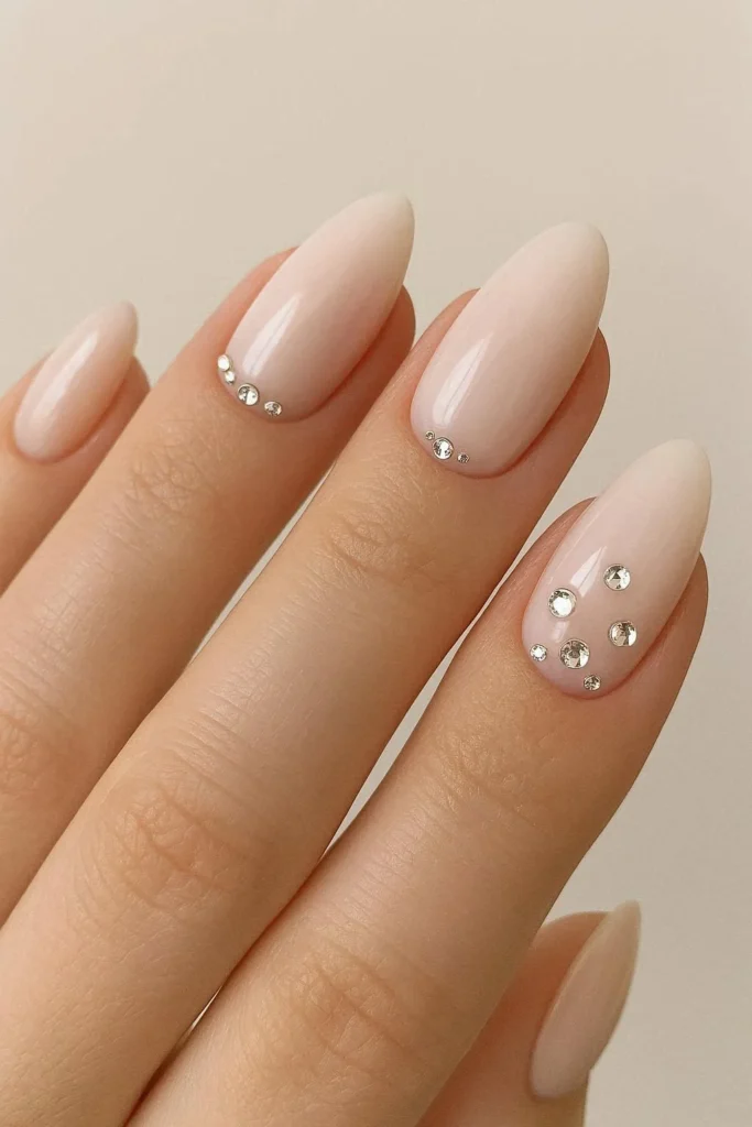 Rhinestone accent pink and white bridal wedding nails
