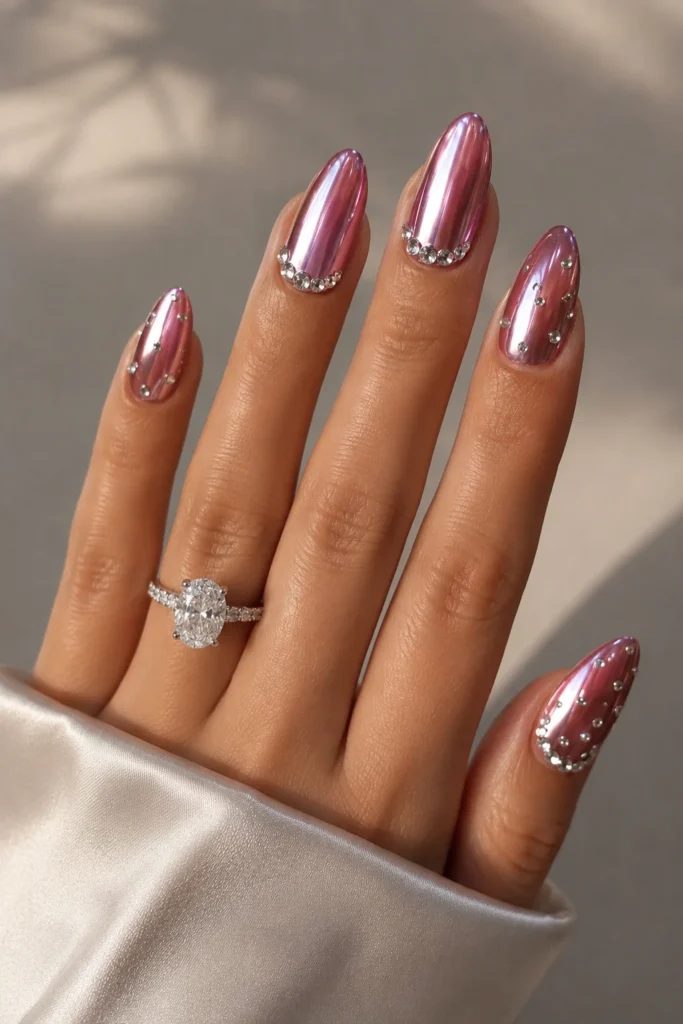 Rhinestone chrome almond nails sparkling crystals metallic glossy finish