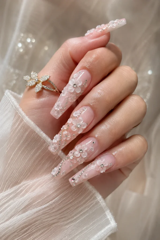 Rhinestone flower 3D nails with crystal centers on raised floral design