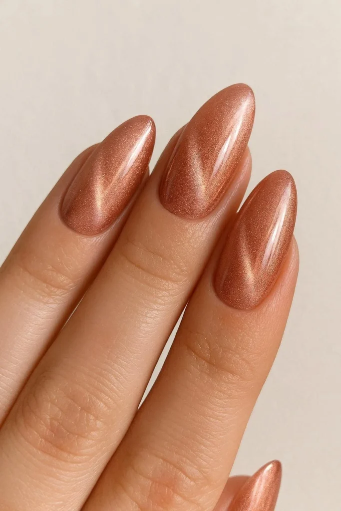Rose gold cat eye nails with peachy copper shimmer on oval shape 