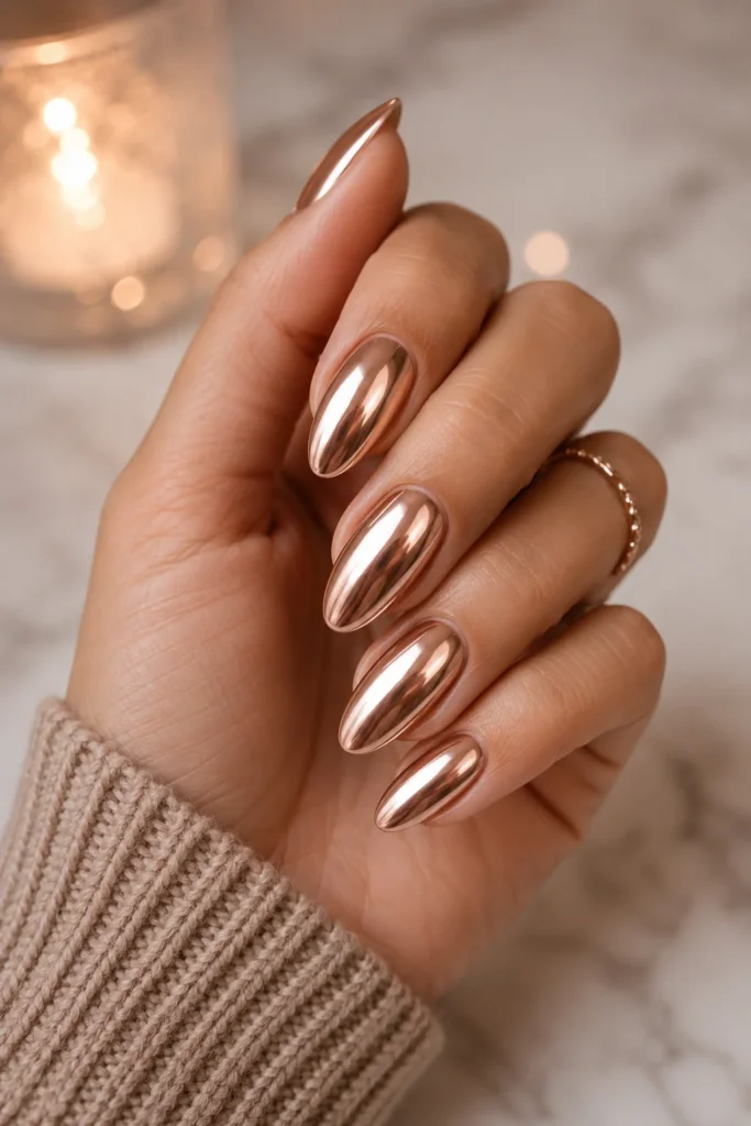 Rose gold chrome almond nails with warm feminine metallic glow