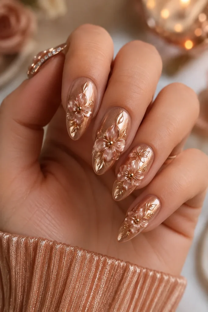 Rose gold floral 3D nails with shimmer base and raised blush blooms