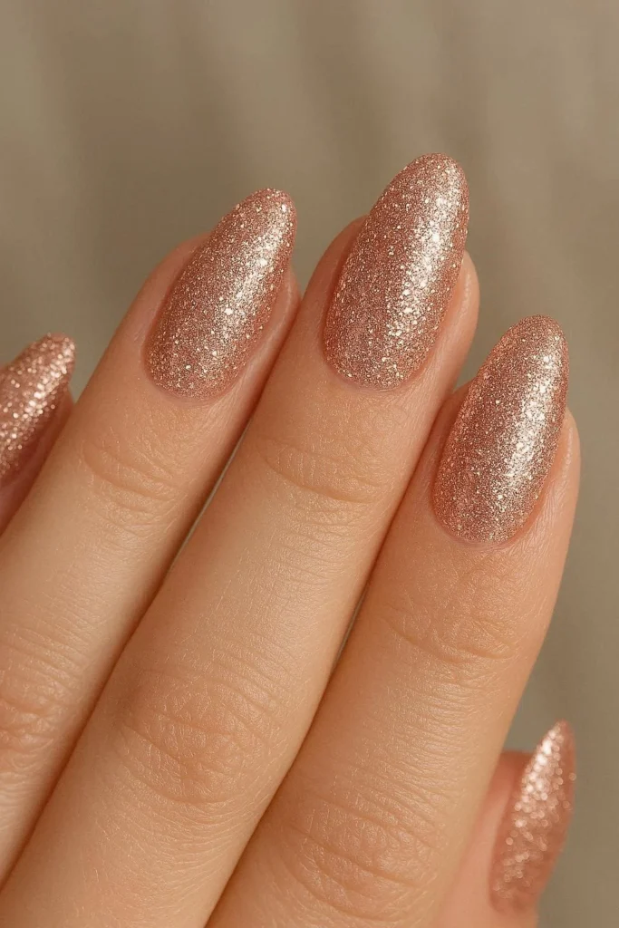 Rose gold glitter acrylic nails with warm shimmer finish