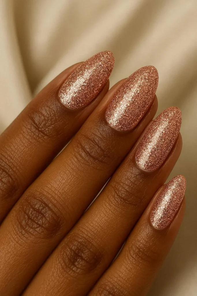 Rose gold glitter coffin nails sparkling on deep skin