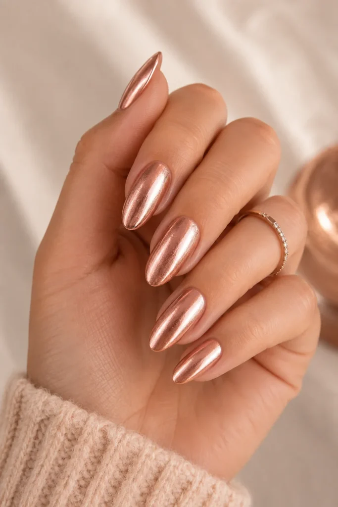 Warm rose gold metallic nail polish with feminine shimmer