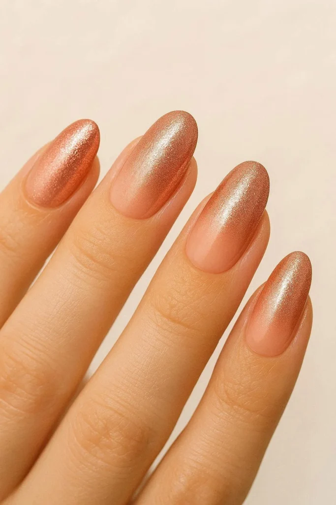 Rose gold shimmer ombre nails with soft gradient finish