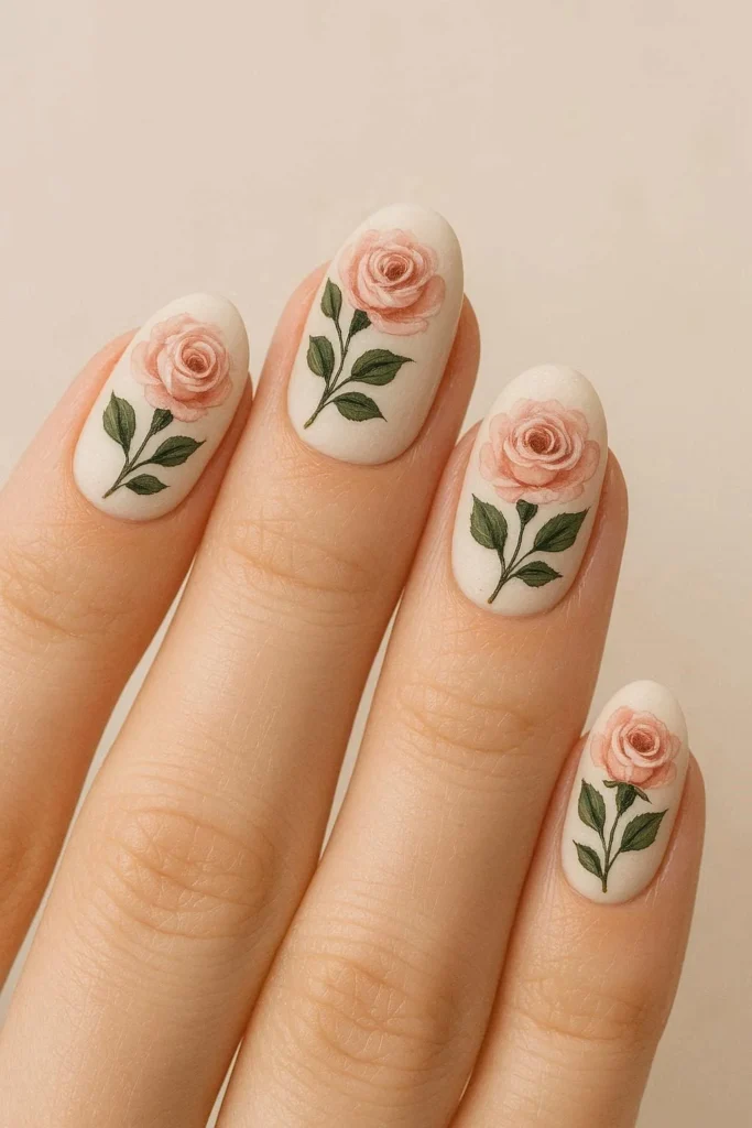 Rose nail designs with elegant hand-painted blush pink roses