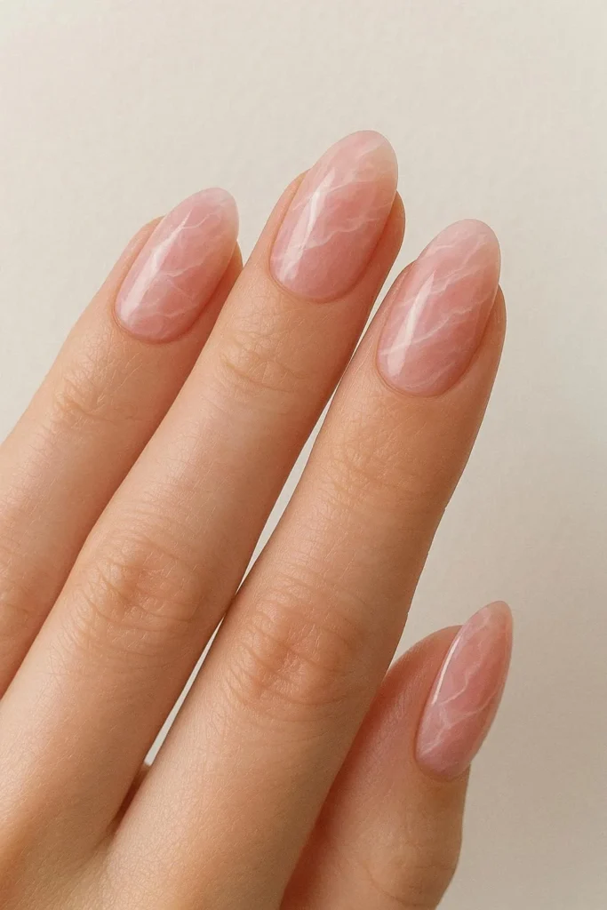 Rose quartz inspired translucent pink marble winter nails