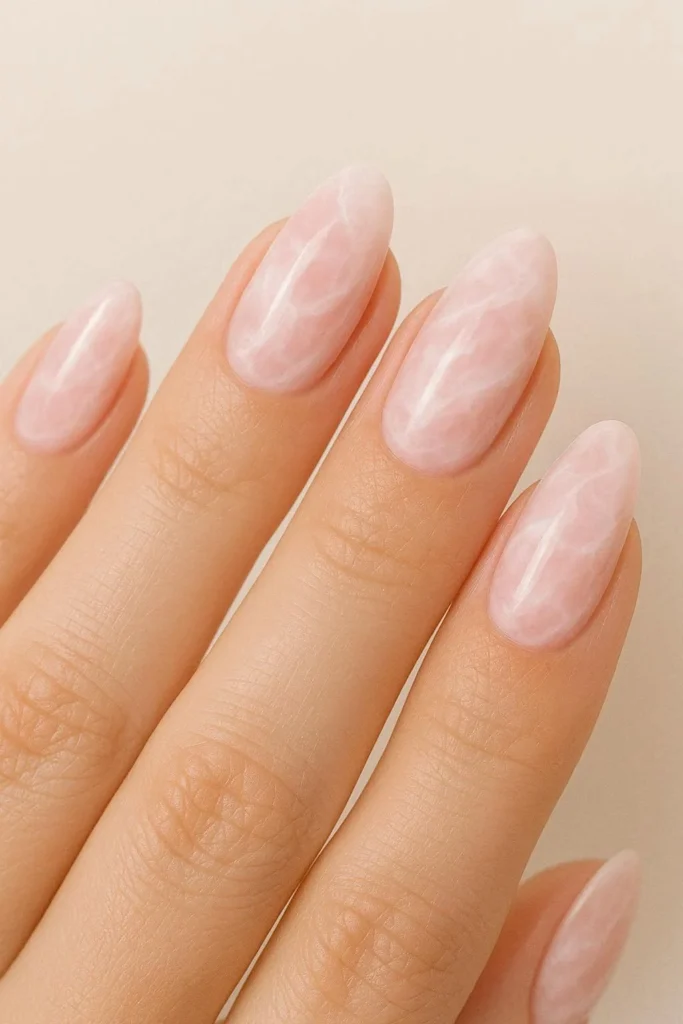 Rose quartz inspired pink marble accent bridal nails