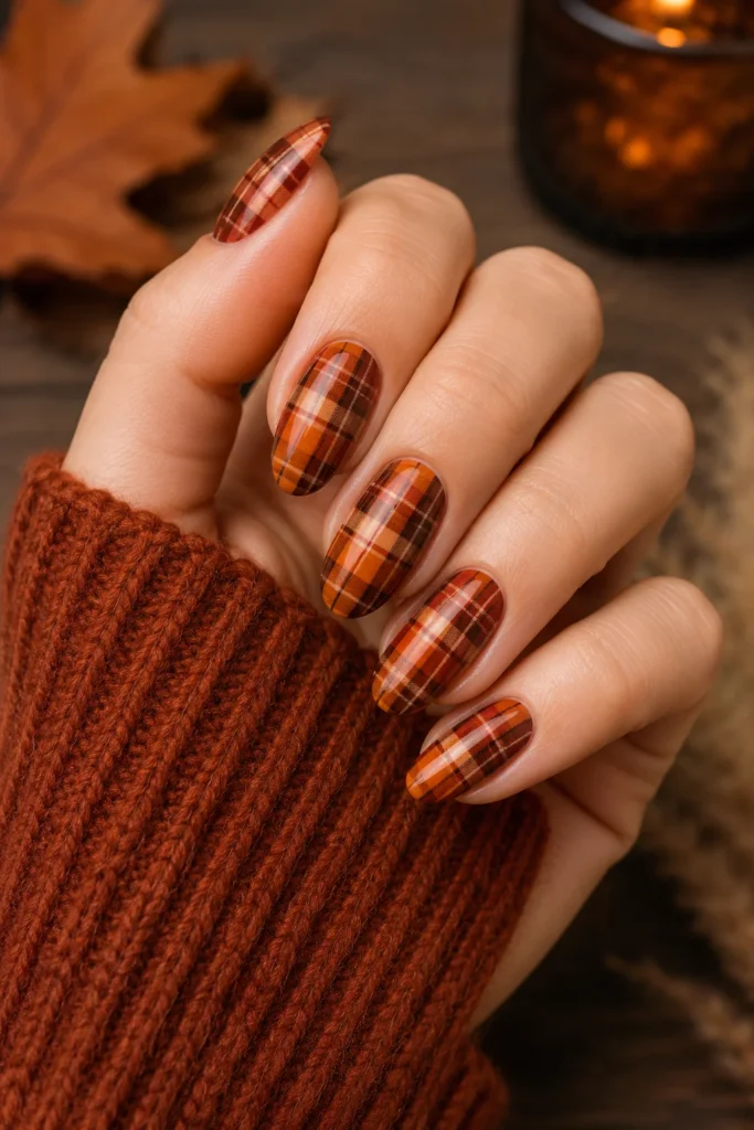 Burnt rust orange plaid nails for bold autumn style