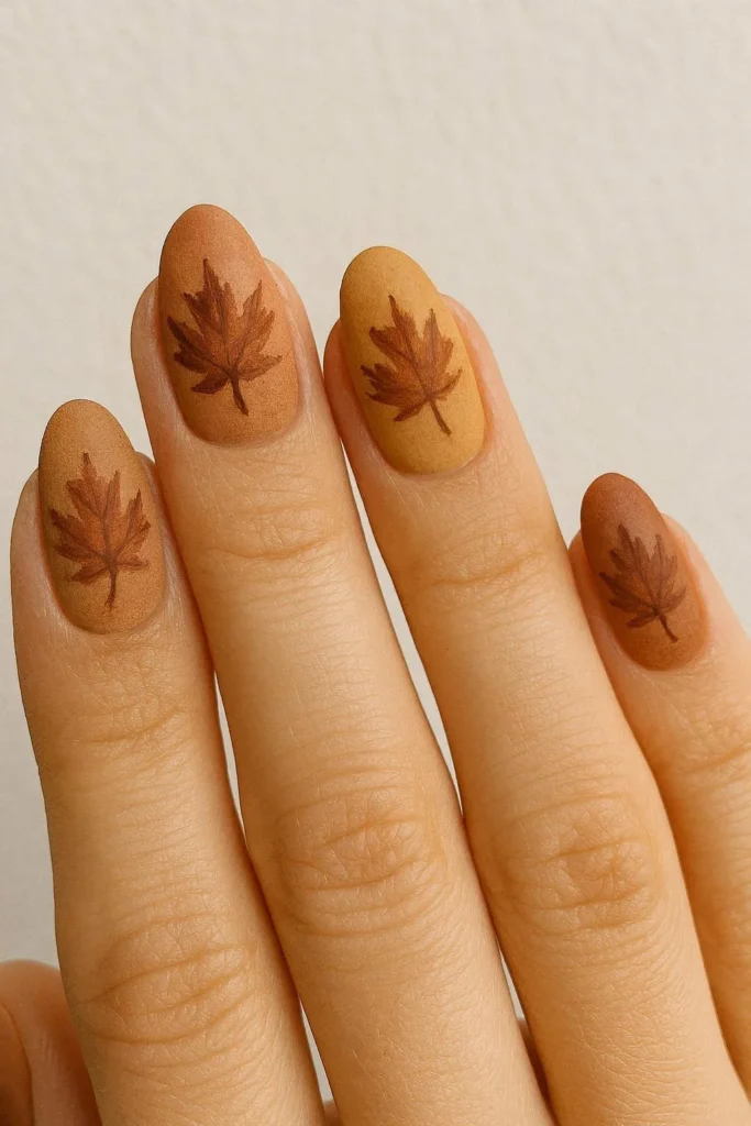 Rustic earthy toned maple leaf nail art fall design