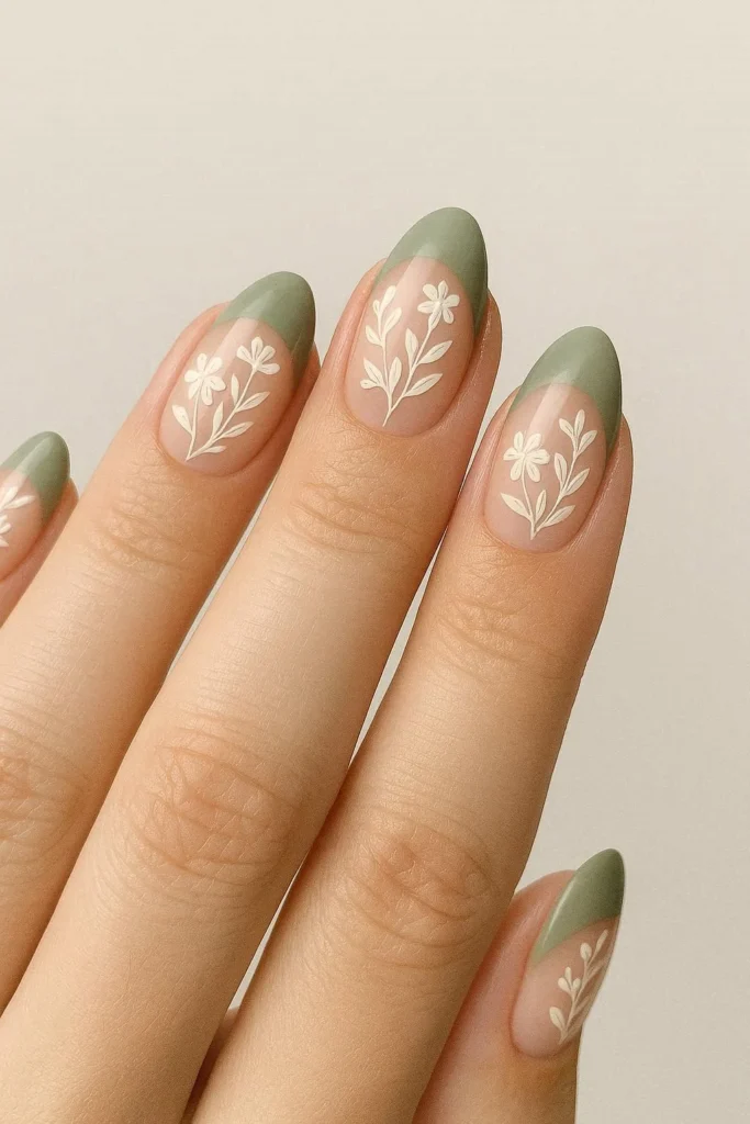 Sage green French tips with botanical floral nail art