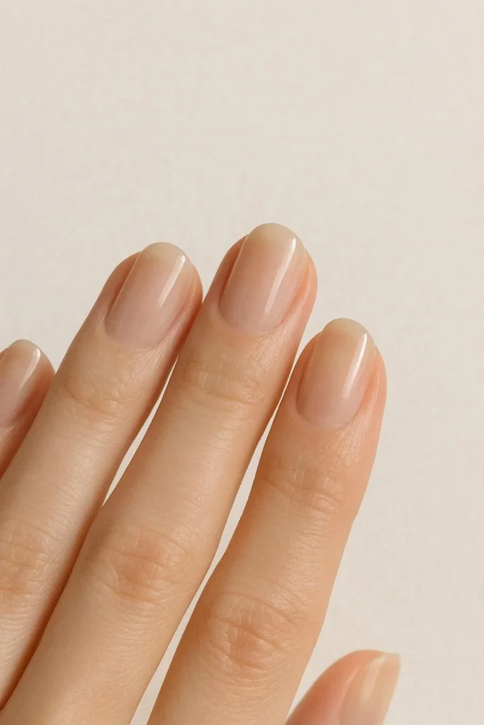Sheer beige nails with translucent natural looking polish finish