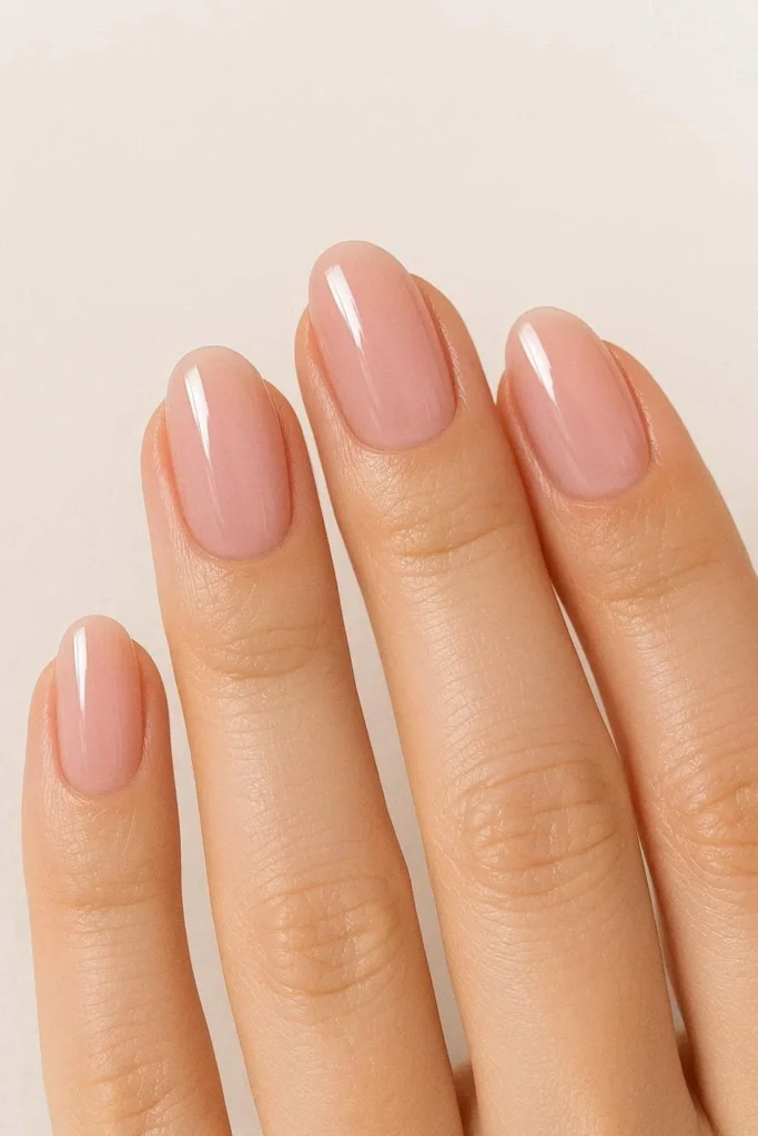 Sheer pink bridesmaid nails glossy natural polished wedding day look