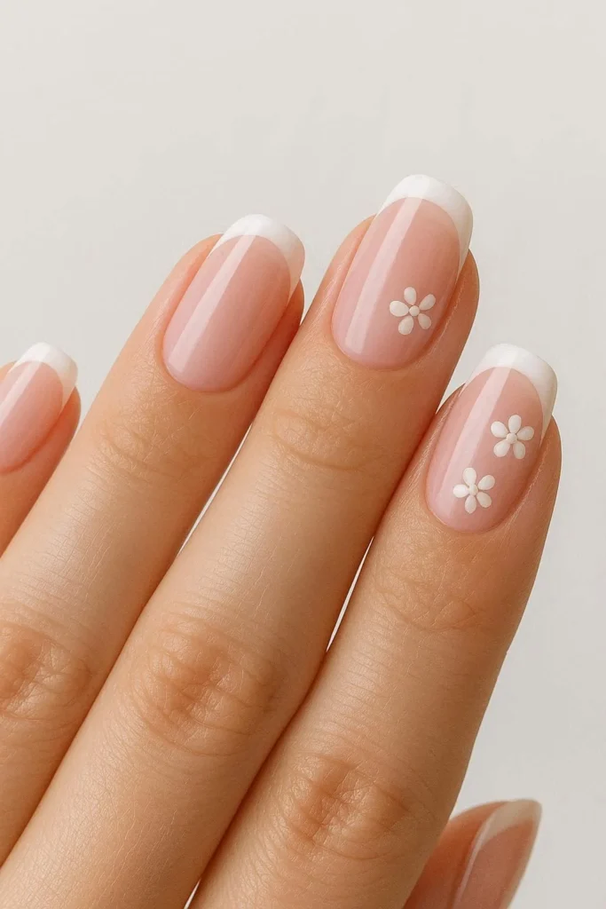 Sheer pink French nails with white floral bloom accents