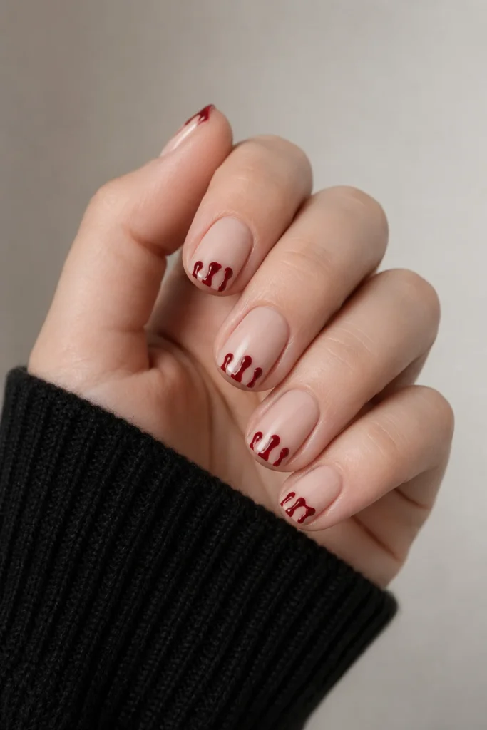 Short nails with minimalist red blood drip tips 