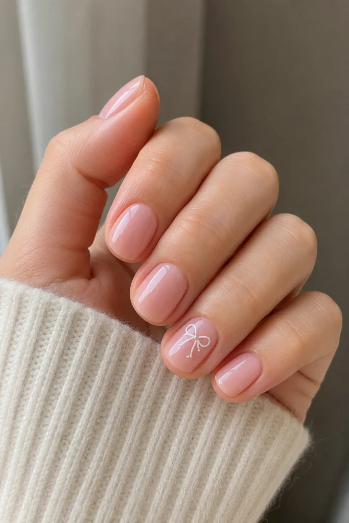 Short nails with minimal cute bow nail detailing