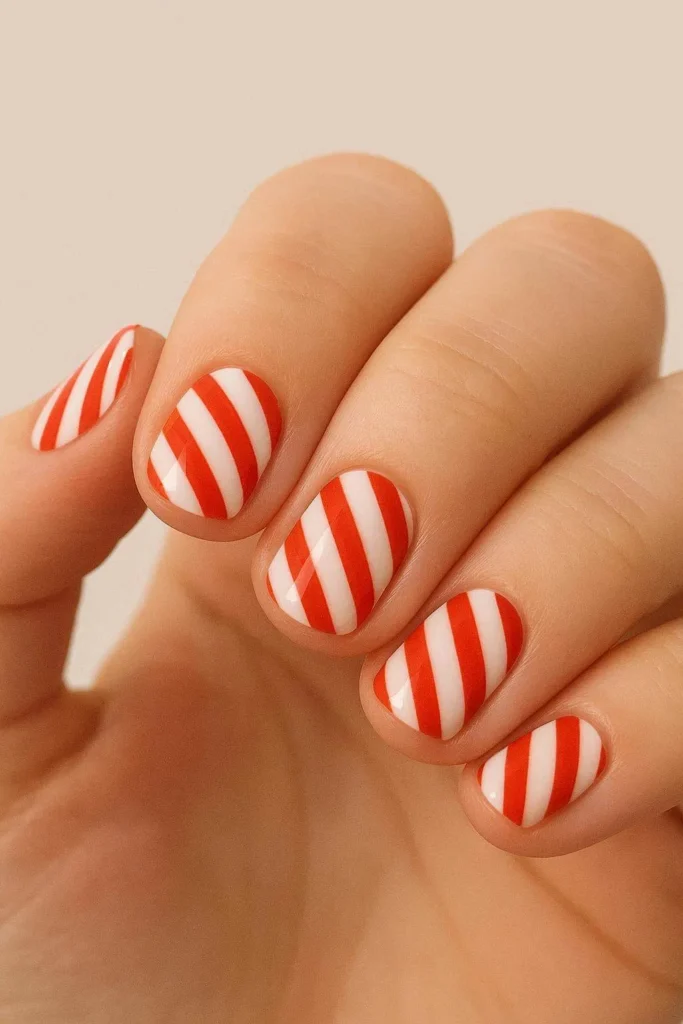 Short nails with simple red and white candy cane design