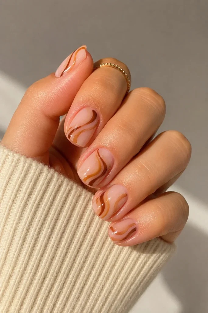 Short cinnamon swirl nails delicate brown nail art