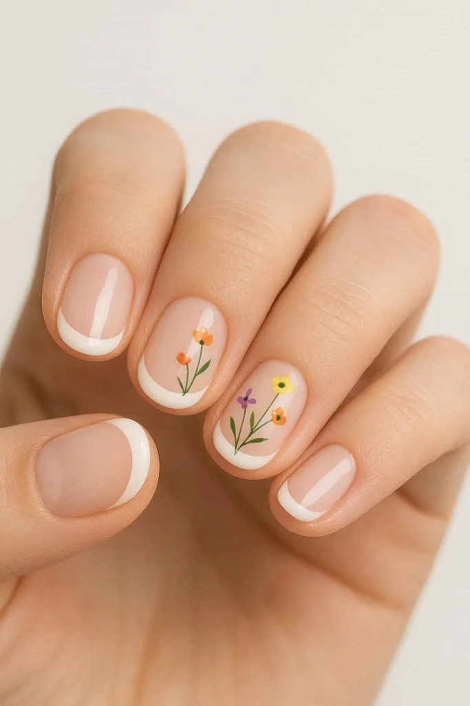 Short French nails with delicate wildflower nail art